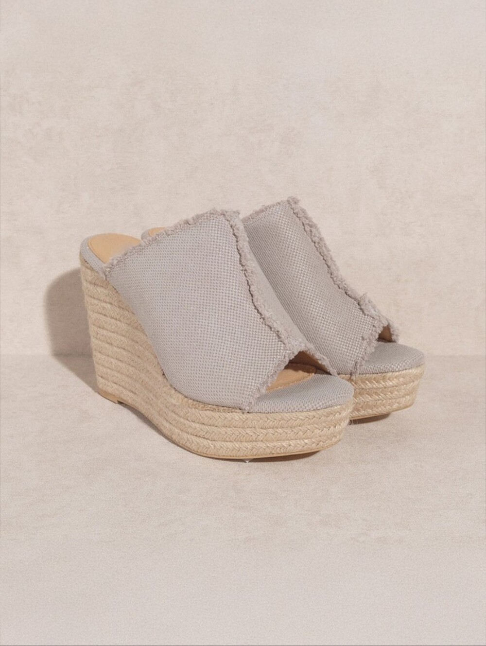 Canvas Espadrille Wedge Mules in Light Beige